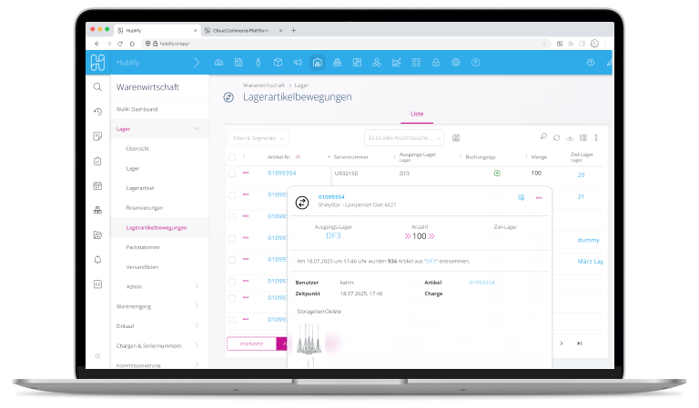 Demo Hublify Warehouse Lagerartikelbewegung Seriennummer 768 Device