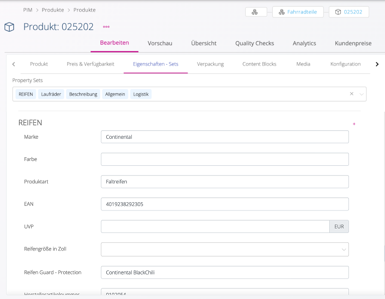 PIM Property Sets Fahrradteile