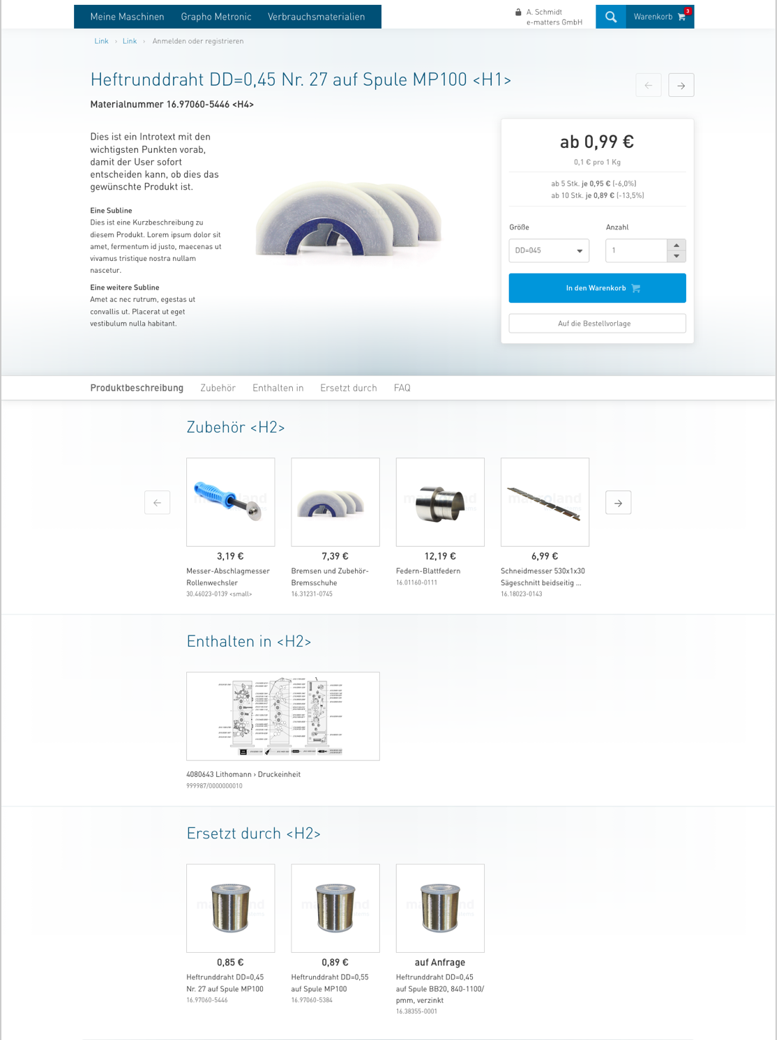 Produktdetailseite Ersatz Zubehör Maschine